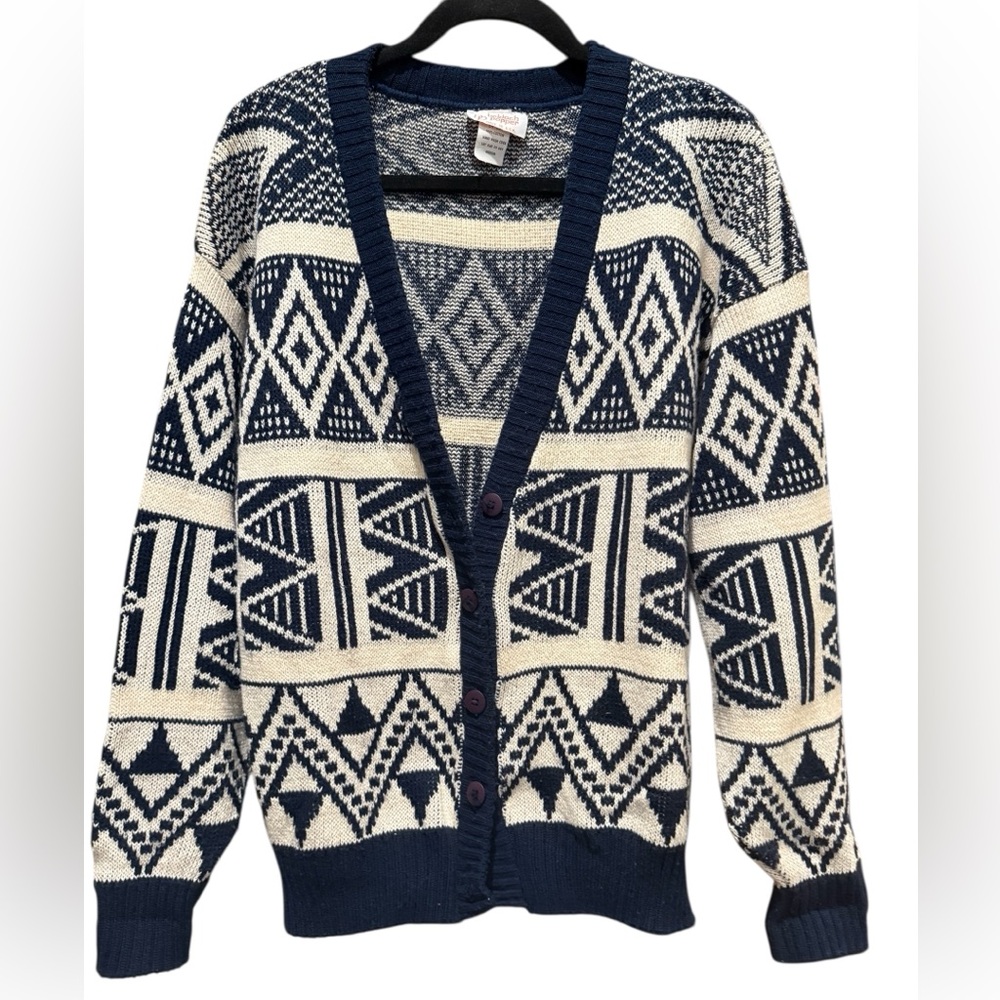 ❄️Beldoch Popper Vintage Cotton Cardigan Sweater Geometric Knit USA Made M
